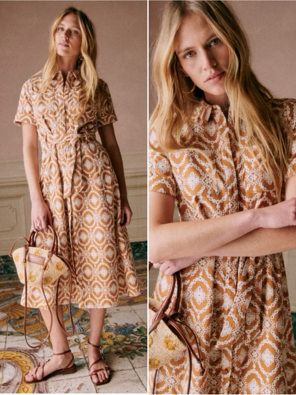 Sezane Adèle Dress Size 14 US / 46 FR Ochre Print Midi Dress